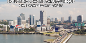 A scenic view of Johor Bahru’s skyline with cultural landmarks and modern attractions