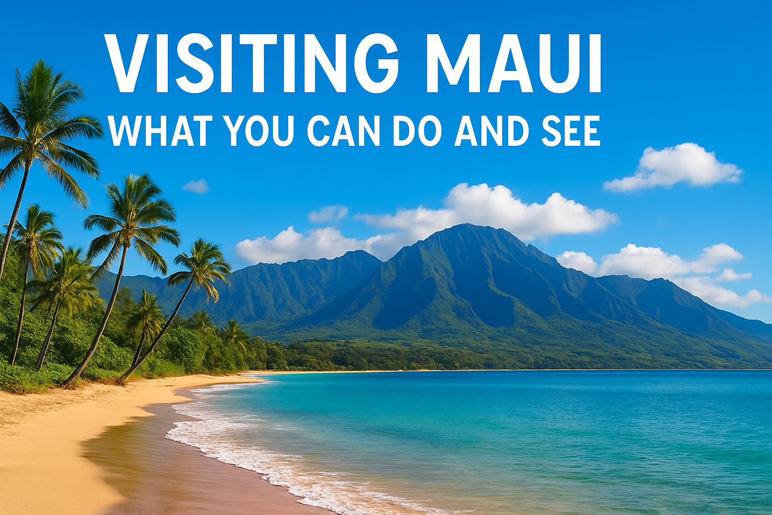 Scenic view of Maui beach with palm trees and mountains