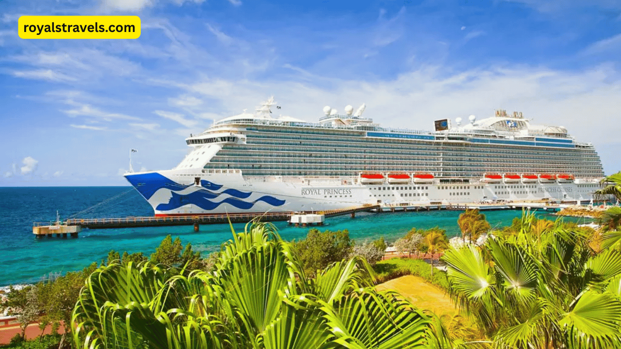 Luxury cruise ship docked at a tropical Caribbean island with palm trees and blue waters