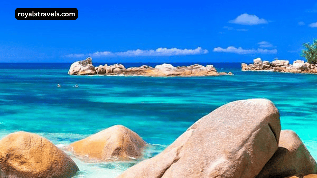 White sand beach with turquoise waters in Seychelles