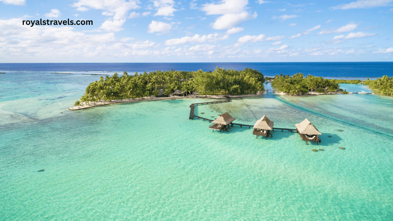 Overwater bungalows on turquoise waters at Vahine Island, French Polynesia