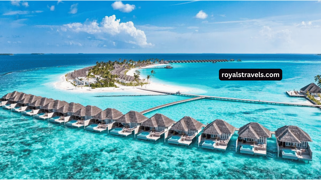 Maldives overwater villas with turquoise waters and palm trees