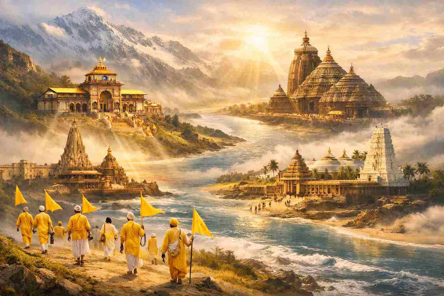Pilgrims walking with saffron flags through a spiritual map-style landscape showing the four sacred Char Dham temples—Badrinath in the Himalayas, Dwarkadhish near the Arabian Sea, Jagannath Temple in Puri, and Rameshwaram Temple by the southern ocean—bathed in golden divine light.