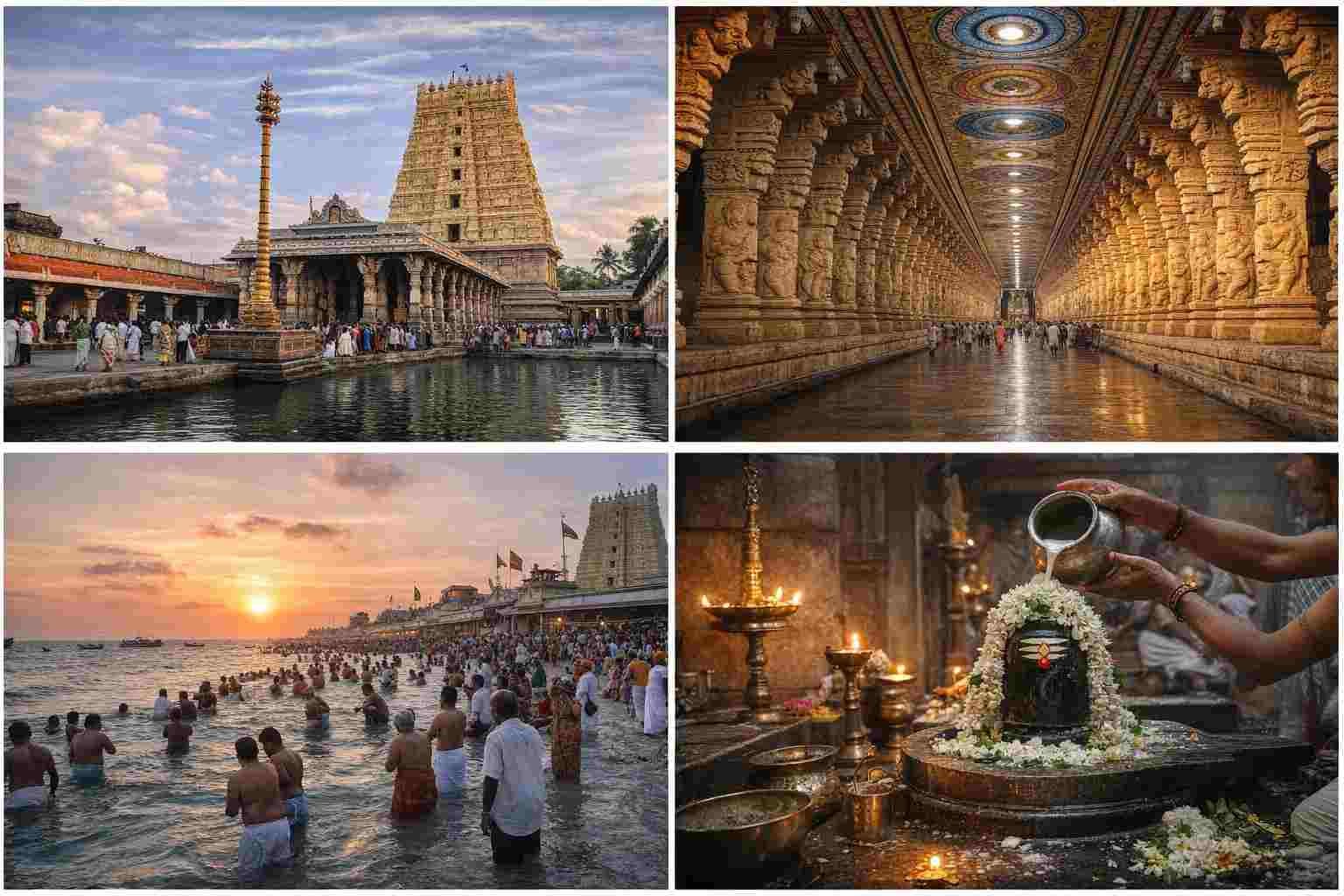 “Rameshwaram Jyotirlinga scenes showing Ramanathaswamy Temple architecture, long pillared corridors, Agni Theertham ritual bath, and Shiva Lingam abhishekam”