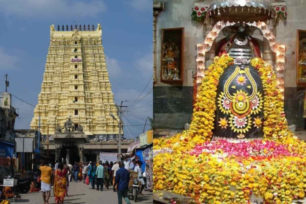 Rameshwaram Jyotirlinga and Ramanathaswamy Temple gopuram with devotees entering the shrine and a decorated Shiva Lingam