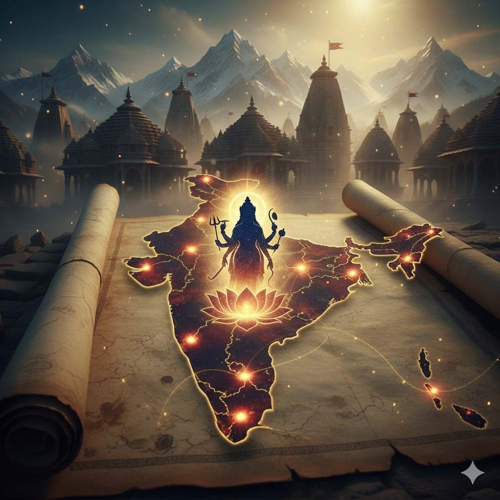 Illustration showing Goddess Shakti over a glowing map of India highlighting sacred Shakti Peetha Devi temples across the country
