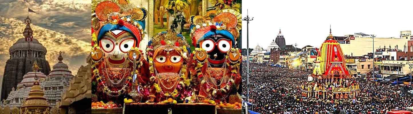 Jagannath Temple Puri collage featuring the main temple spire, deities Jagannath Balabhadra Subhadra, and the grand Rath Yatra festival
