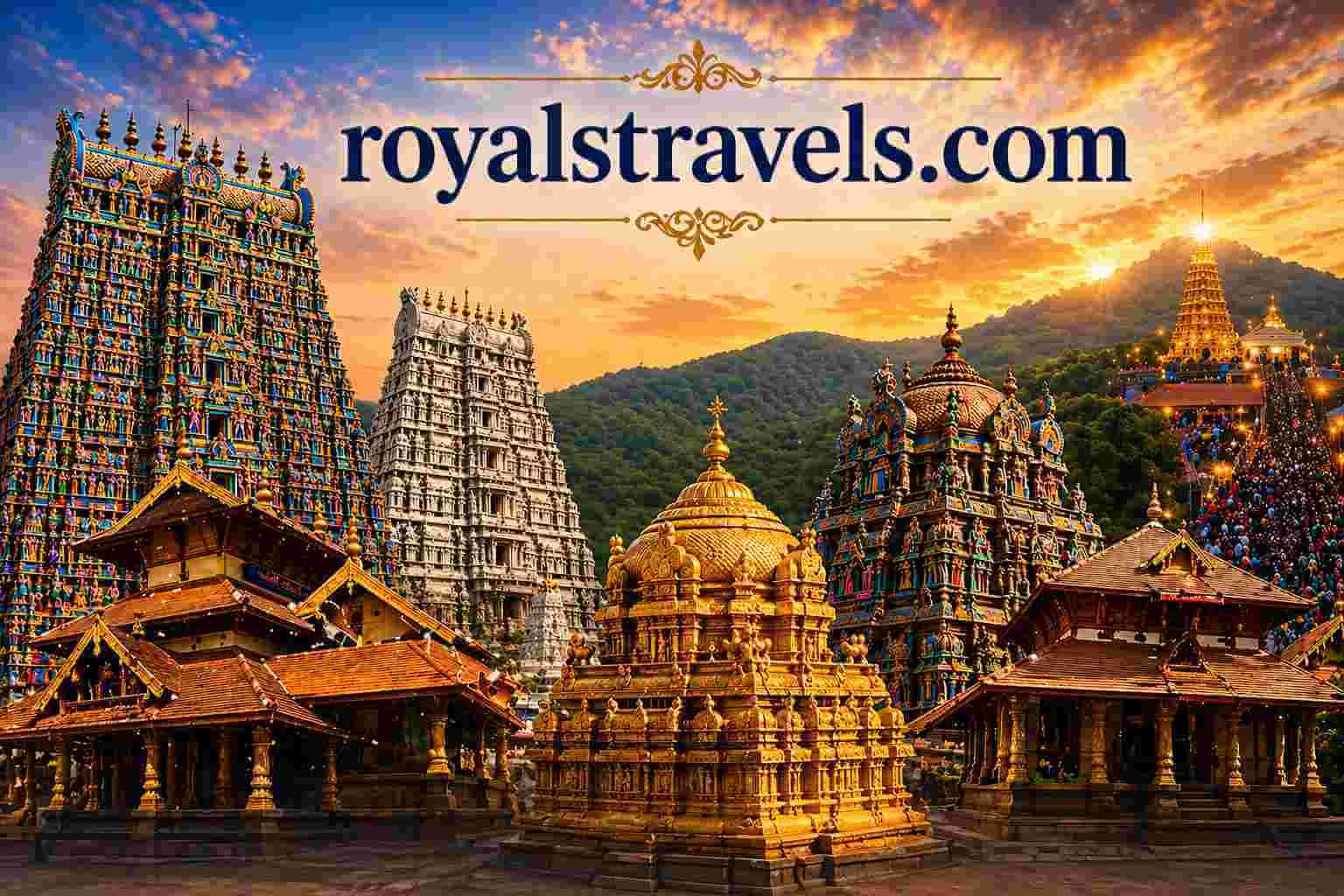 South Indian temples collage with royalstravels.com showcasing Tirupati, Meenakshi, Rameswaram and hilltop temple at sunset