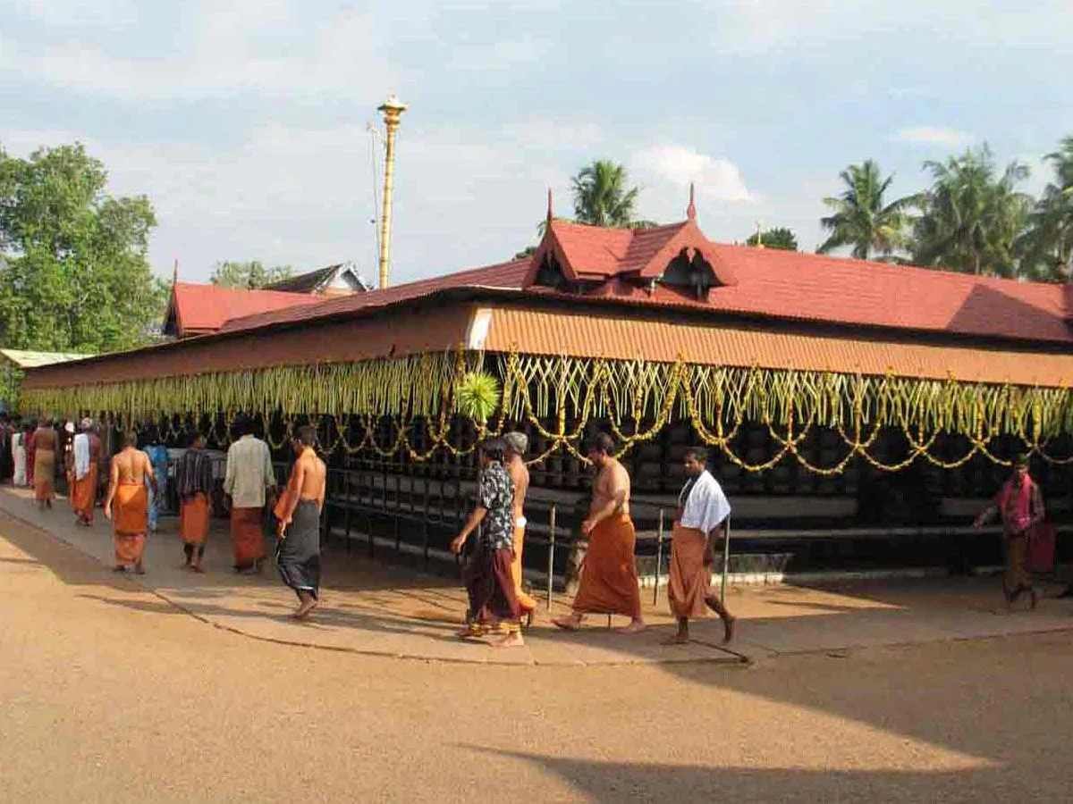 Exterior view of Chottanikkara Bhagavathy Temple in Kerala decorated for temple rituals and festivals.