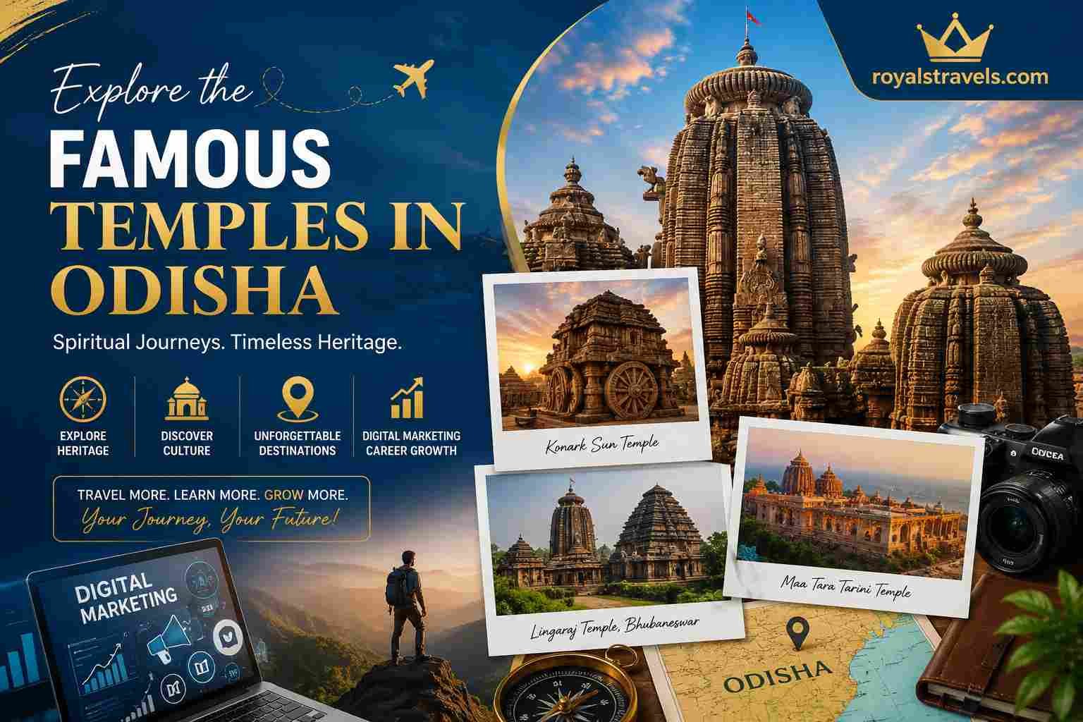 Featured image showcasing famous temples in Odisha including Lingaraj Temple, Konark Sun Temple, and Maa Tara Tarini Temple with the website name royalstravels.com.