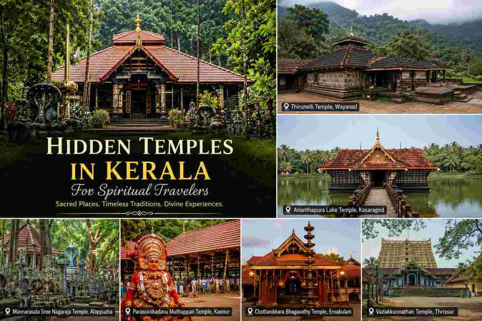 Collage featuring hidden temples in Kerala including Mannarasala Temple, Thirunelli Temple, Ananthapura Lake Temple, Parassinikadavu Muthappan Temple, Chottanikkara Bhagavathy Temple, and Vadakkunnathan Temple.