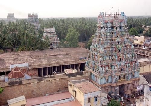 Aerial view of Jambukeswarar Temple gopuram in Tiruchirapalli Tamil Nadu