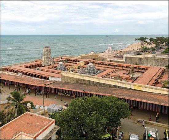 Top view of Tiruchendur Murugan Temple complex near seashore