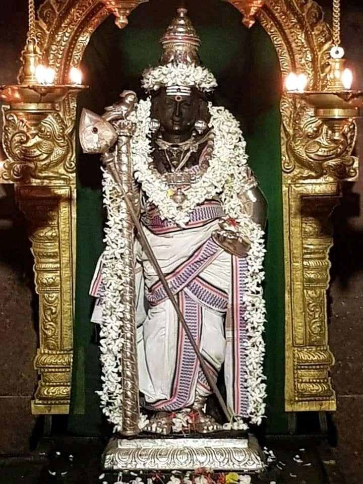 Sacred idol of Lord Murugan at Palani Temple decorated with flowers and ornaments.