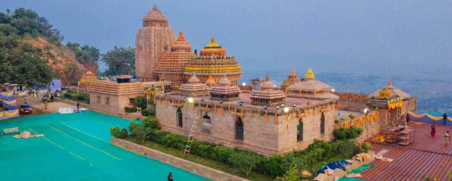 Scenic view of Maa Tara Tarini Temple situated on a hilltop in Odisha during evening time.