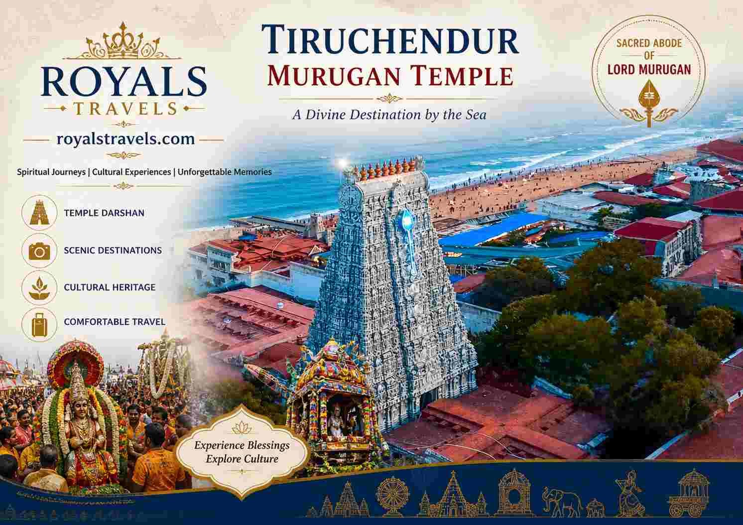Tiruchendur Murugan Temple aerial view with seaside gopuram and Royalstravels.com branding