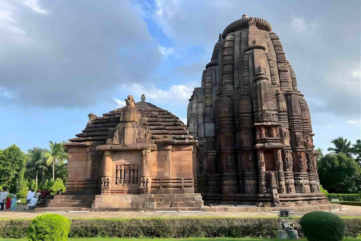 Historic Raja Rani Temple in Bhubaneswar featuring its towering shikhara and intricately carved sandstone structure.
