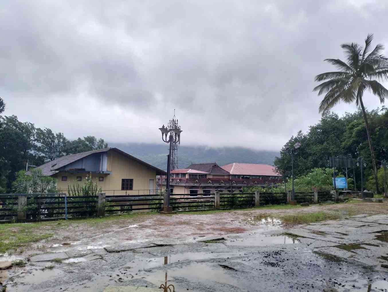 Scenic surroundings of Thirunelli Temple with misty Brahmagiri Hills in Wayanad