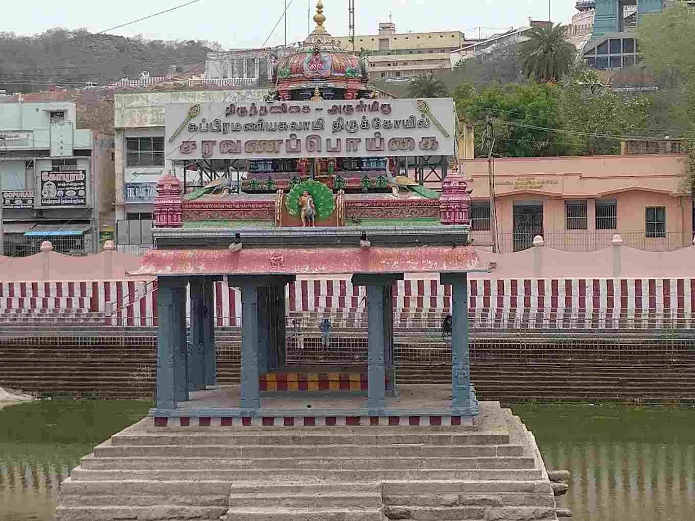 Temple tank mandapam view near Thiruttani Murugan Temple.