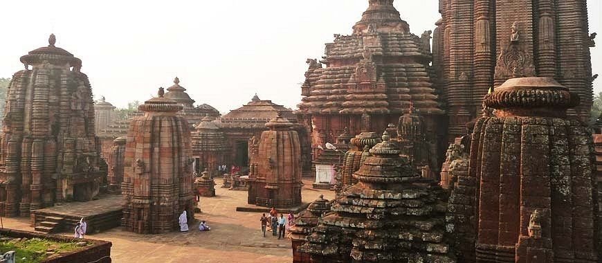 Top view of Lingaraj Temple complex in Bhubaneswar featuring historic temple towers and stone carvings