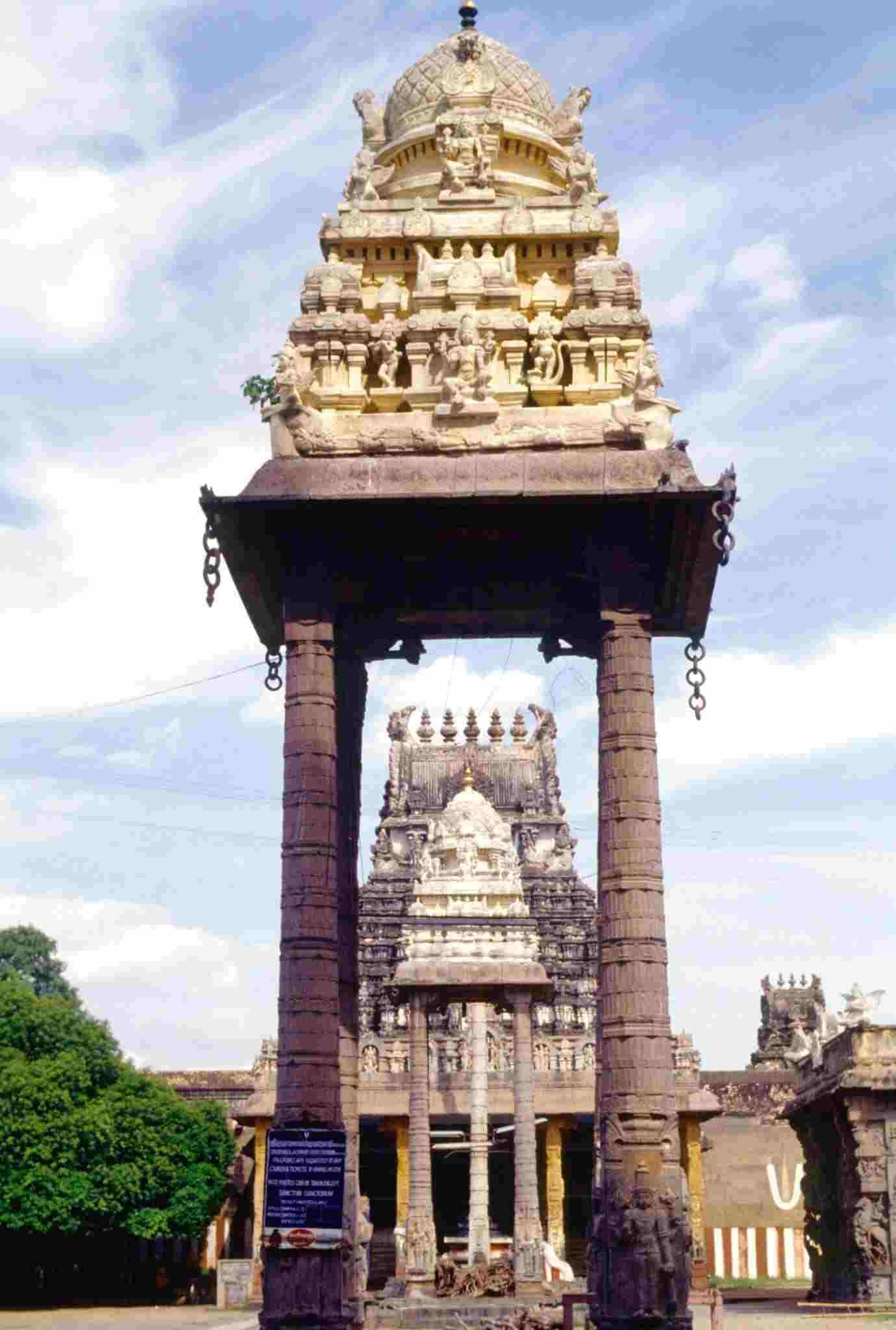 Varadaraja Perumal Temple tank with golden mandapam and gopuram view
