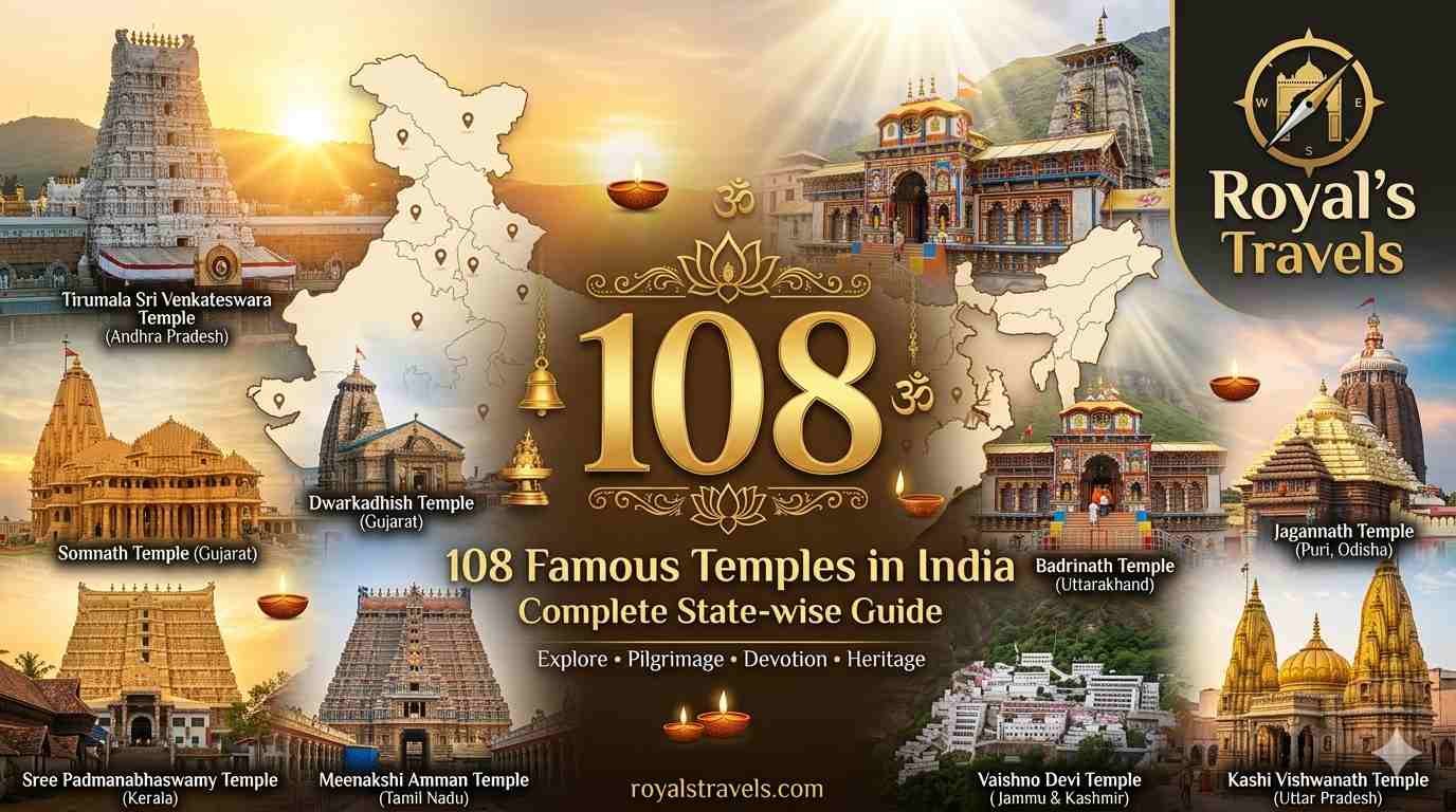 Featured image showcasing 108 Famous Temples in India with iconic pilgrimage destinations including Tirumala Sri Venkateswara Temple, Somnath Temple, Dwarkadhish Temple, Meenakshi Amman Temple, Sree Padmanabhaswamy Temple, Badrinath Temple, Jagannath Temple, Vaishno Devi Temple, and Kashi Vishwanath Temple surrounding a golden 108 symbol and India map.