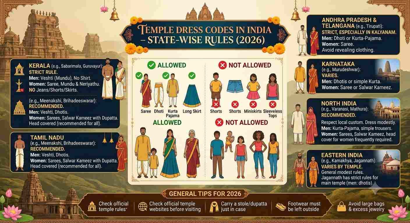Temple Dress Codes in India 2026 infographic showing state-wise dress code rules, allowed and prohibited clothing, and temple etiquette for devotees visiting Indian temples.