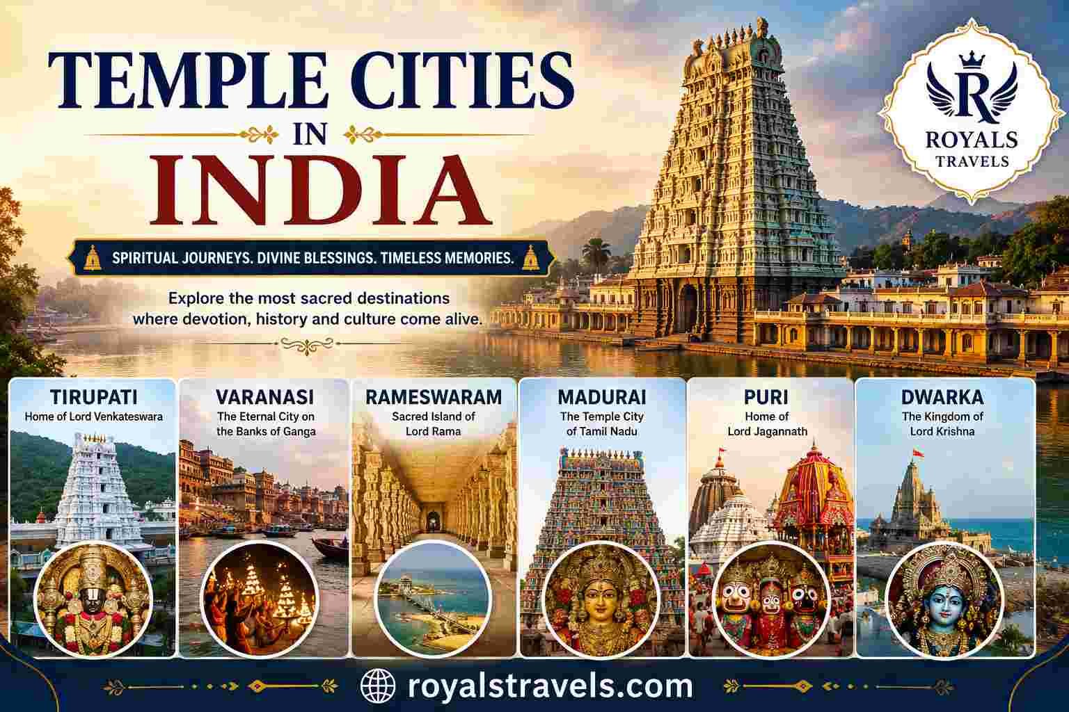 Temple Cities in India featured image showcasing famous spiritual destinations including Tirupati, Varanasi, Rameswaram, Madurai, Puri, and Dwarka with iconic temples, devotional imagery, and the Royals Travels branding alongside the website royalstravels.com.