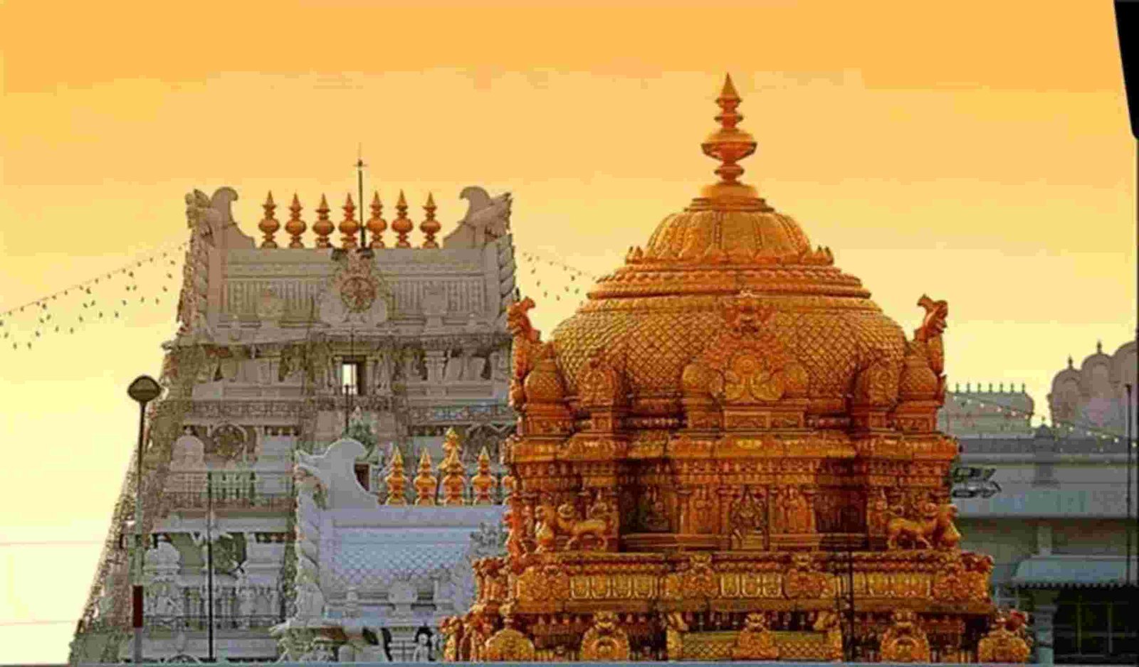 Golden Ananda Nilayam Vimanam at Sri Venkateswara Swamy Temple in Tirumala during sunrise