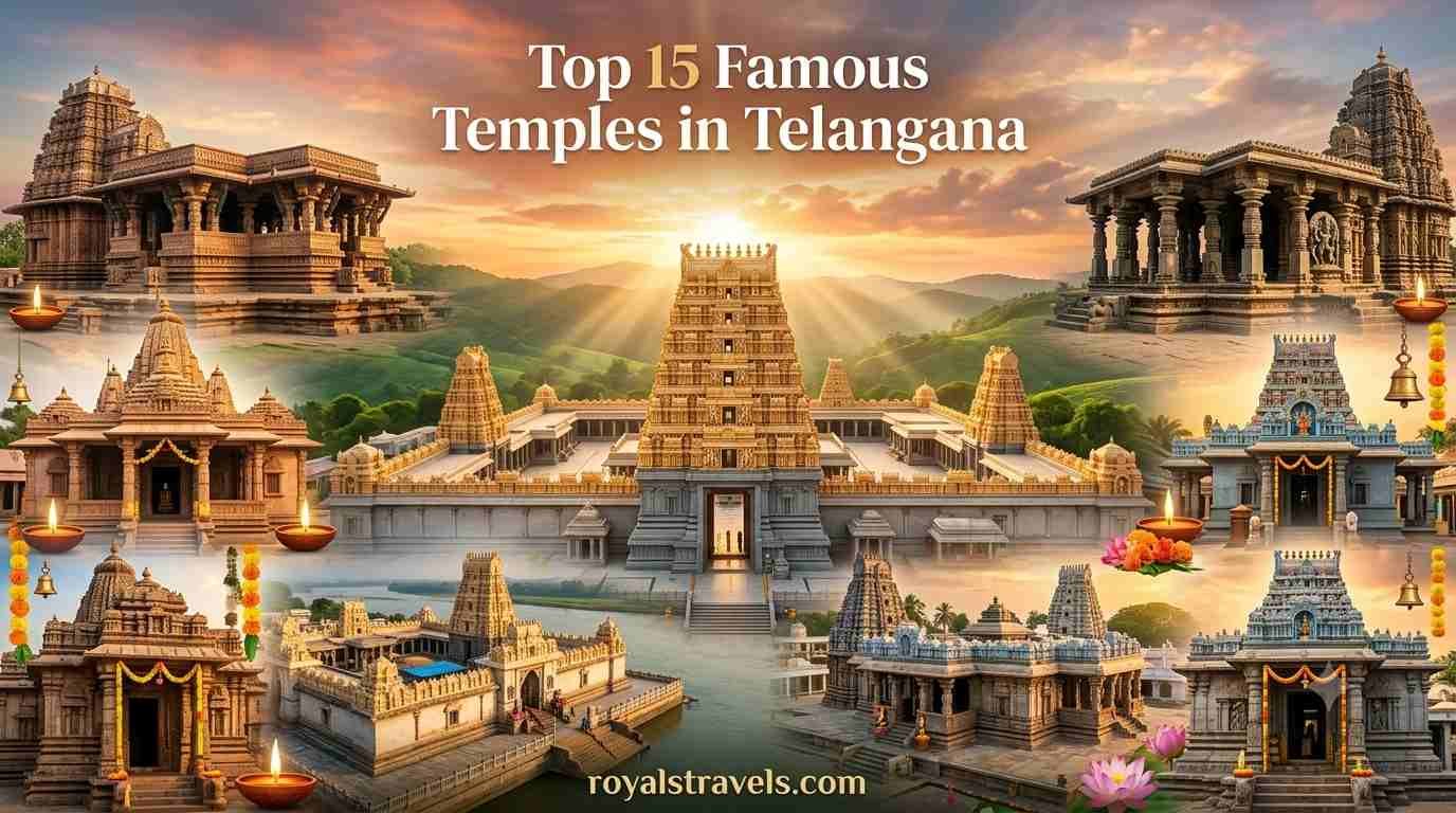 Featured image showcasing the Top 15 Famous Temples in Telangana, featuring a collage of iconic pilgrimage sites including Yadadri, Ramappa Temple, Basara Saraswati Temple, Vemulawada Raja Rajeshwara Swamy Temple, Bhadrachalam Temple, and other sacred temples set against a divine sunrise backdrop with royalstravels.com branding.