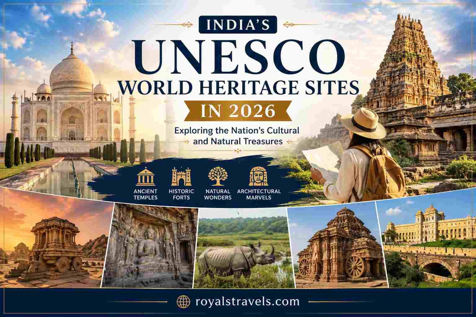 Featured image showcasing India's UNESCO World Heritage Sites in 2026, featuring the Taj Mahal, Hampi's Stone Chariot, Ajanta-Ellora style cave sculptures, Kaziranga National Park's one-horned rhinoceros, Konark Sun Temple, and a heritage palace. A traveler explores these iconic landmarks, highlighting India's rich cultural and natural heritage. The image includes the website address royalstravels.com.