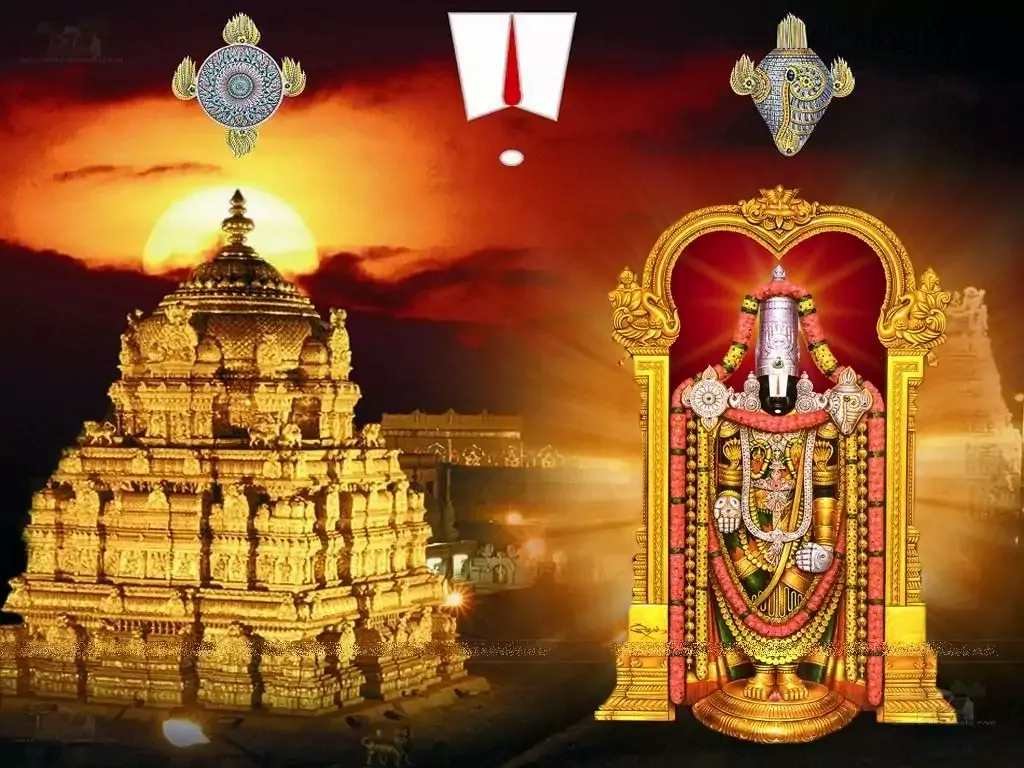 Lord Venkateswara idol with illuminated Tirumala Temple background at sunset