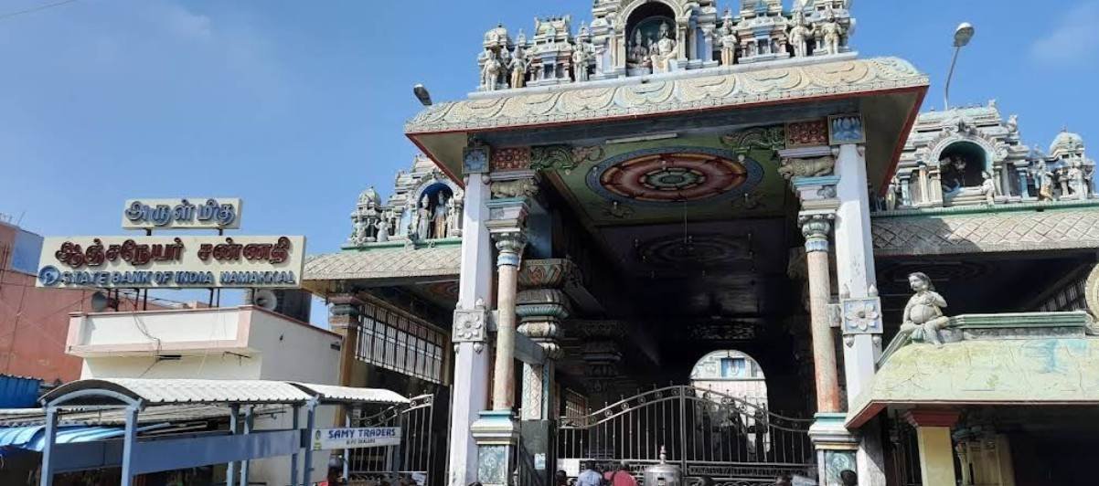 Front view of Namakkal Anjaneyar Temple showcasing traditional South Indian temple architecture.