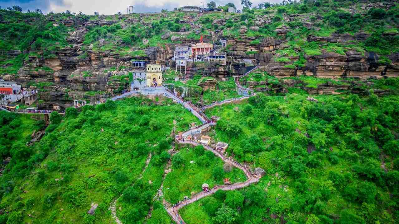 Panoramic view of Hanuman Dhara Temple nestled amidst the rocky hills and lush greenery of Chitrakoot.