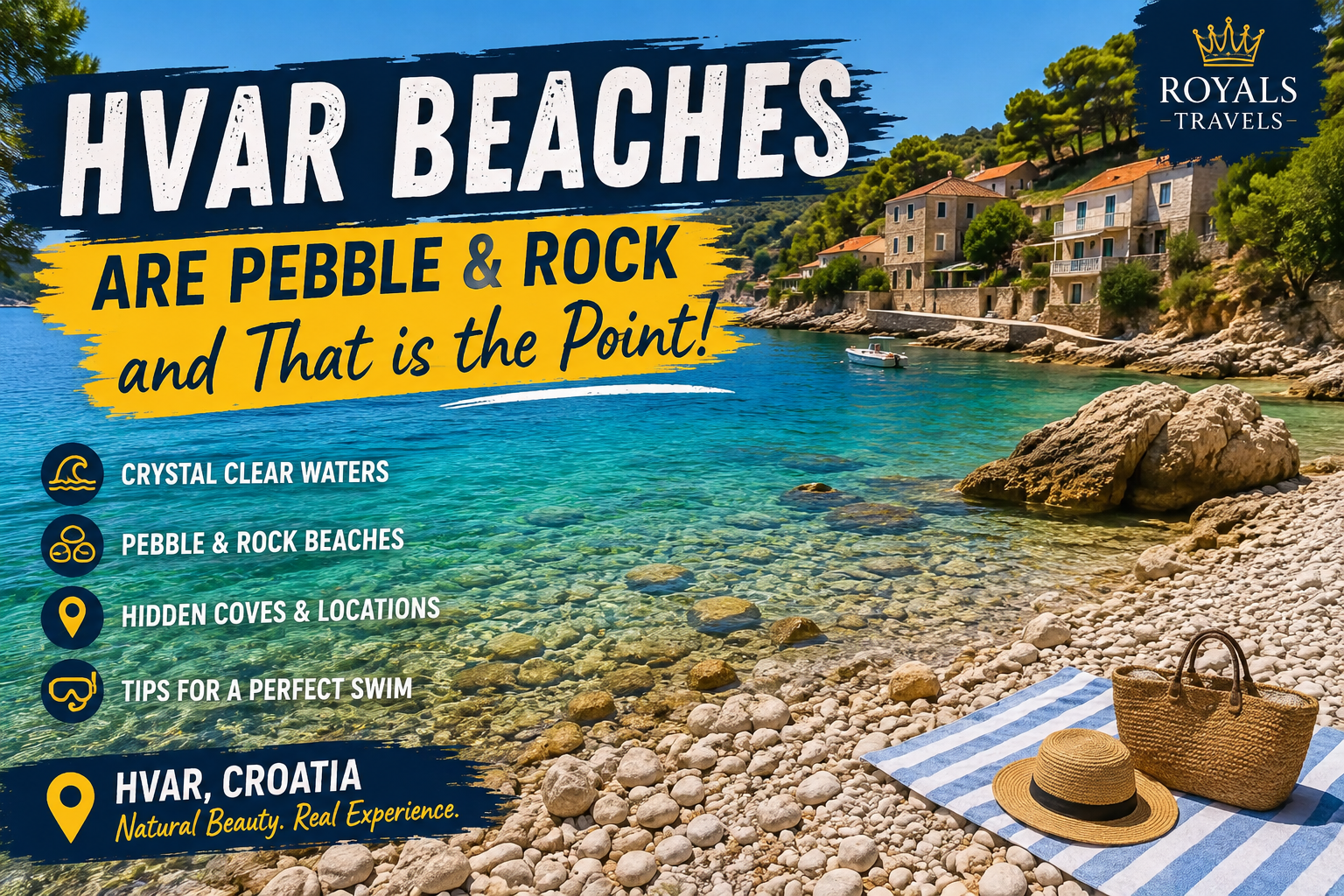 Hvar beaches with pebble and rock shoreline and crystal-clear turquoise water